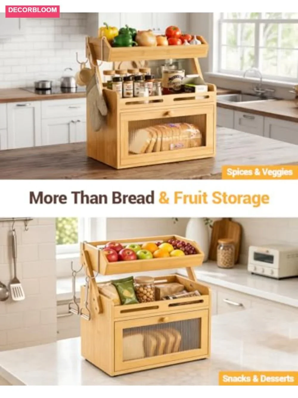 Bamboo Bread Box with Fruit Basket, Clear Door Magnetic Closure, Kitchen